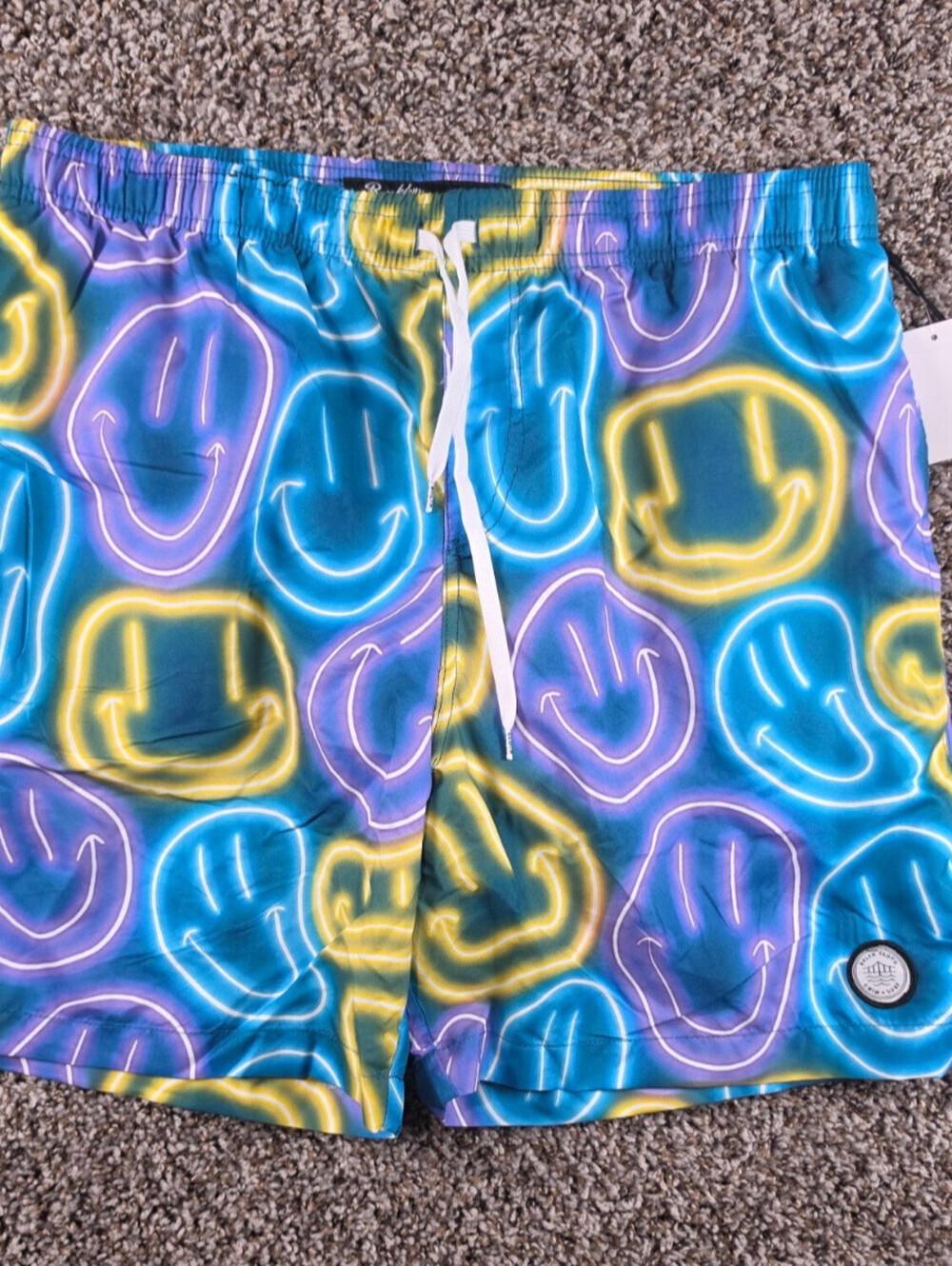 Brooklyn Cloth Mens Sz L neon smiley face Volley swim trunks Swimsuit NEW